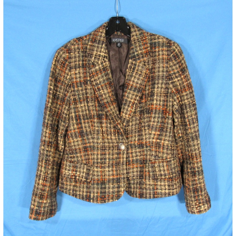 VTG KASPER PETITE Brown/Rust Orange TWEED Button FLAP POCKETS JACKET/BLAZER 12P